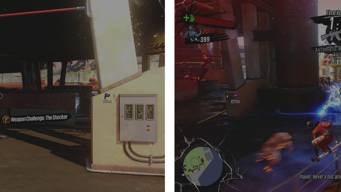 You can start the challenge here (left). The key to this challenge is to maintain a grind to build a combo whilst firing on the crowd (right).