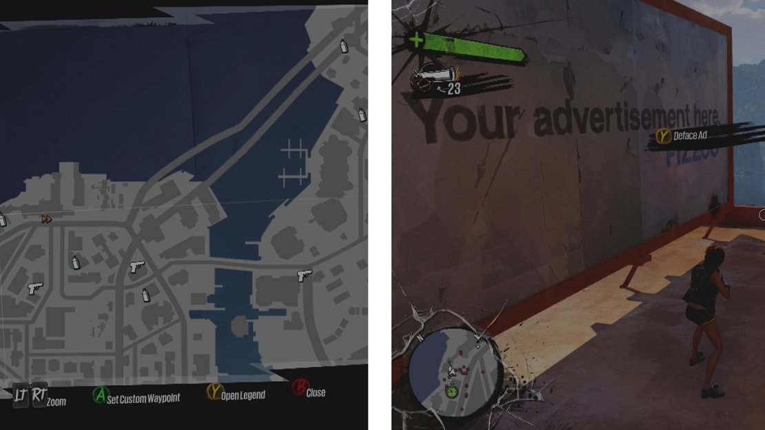An easy, early on billboard can be found on a rooftop just to the west of the Crown Blades Factory (right).