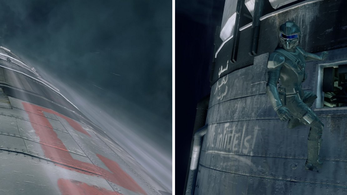 At the end of the mission, climb the rocket, making sure to avoid the debris and sabotage it at the spots (right) to disable it.