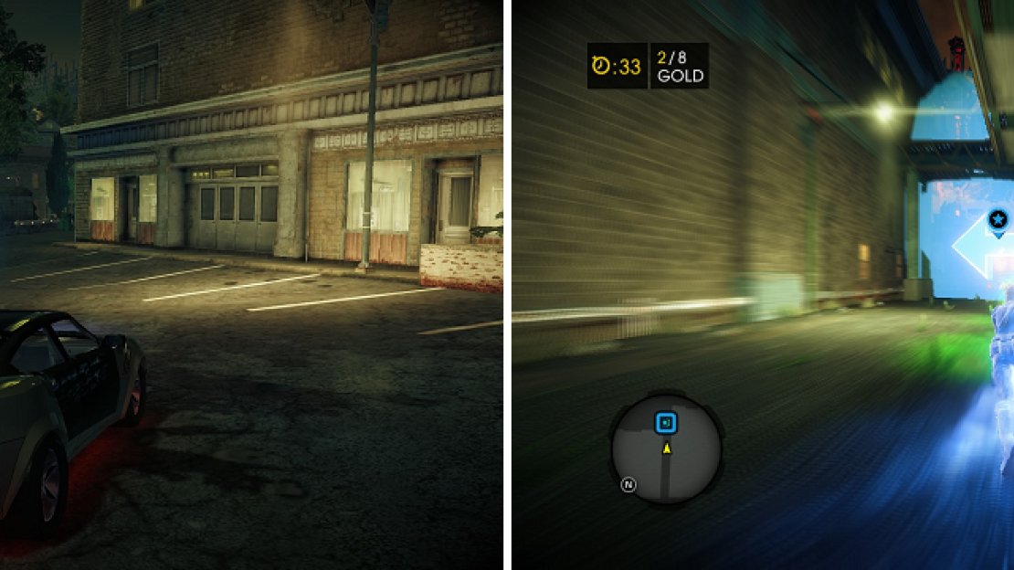 The clusters (left) are fairly easy to find, as long as you keep an eye out for the meter in the upper left. After purchasing your new Super Powers, you get the chance to try them out (right) in one of the game’s activities.