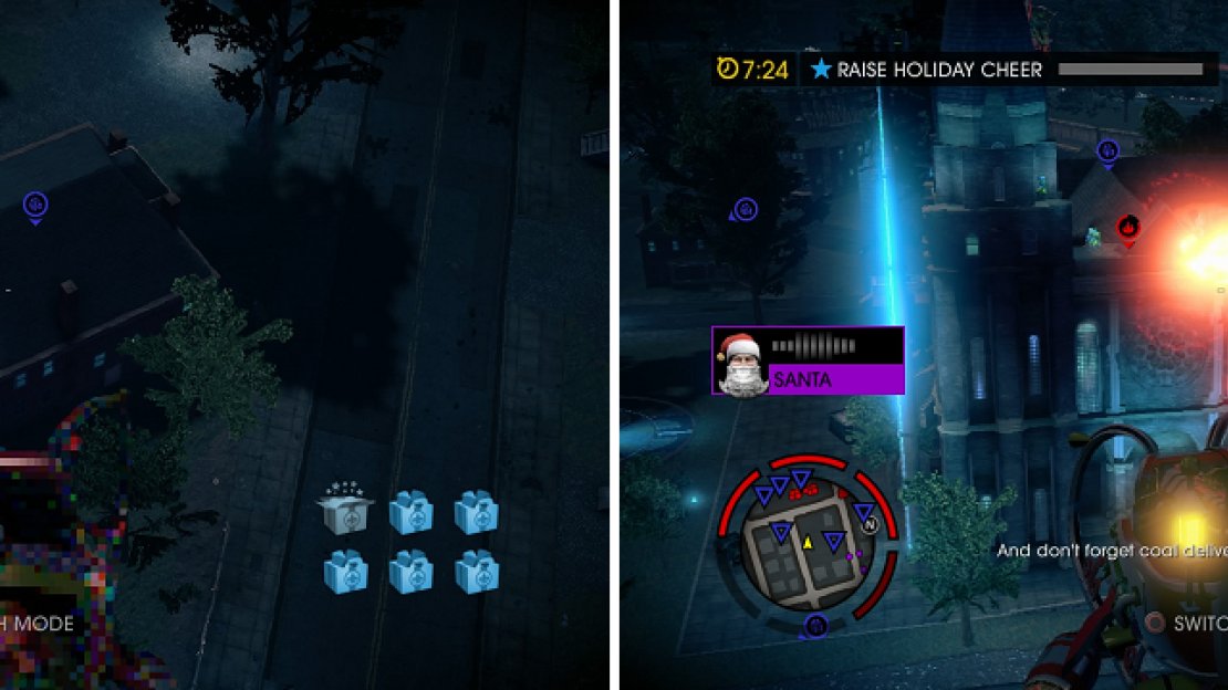Buildings with blue markers get the presents, while the ones with red markers get coal.