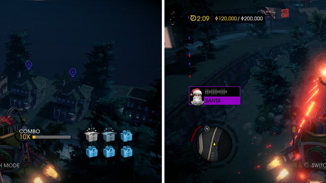 Fire presents are the houses with a blue marker (left) and coal at those with a red marker (right).