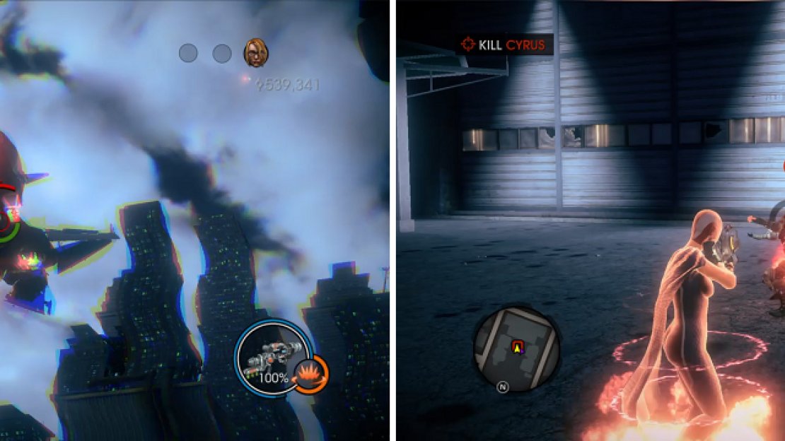 Cyrus first appears in a jet (left), then later on with super powers (right).