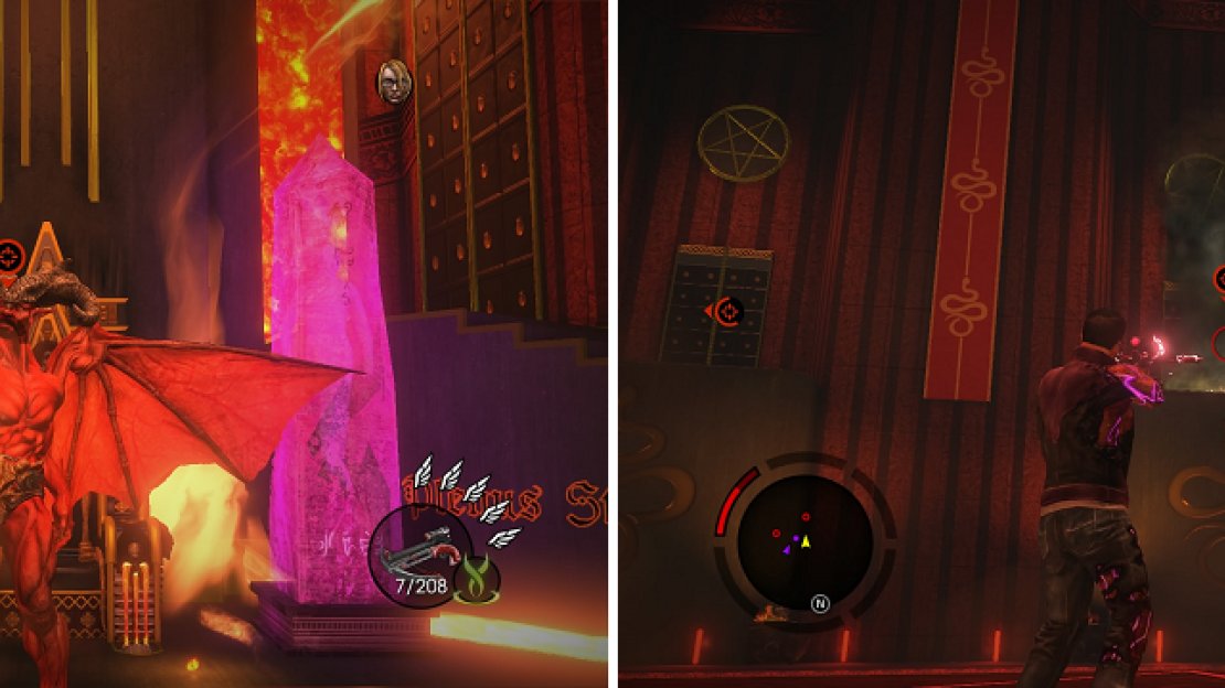 Satan’s telekinesis grab doesn’t seem like it can be dodged (left), so just accept it. Once you deal enough damage, he will hide amongst some clouds (right), so keep shooting them until he appears on his throne.
