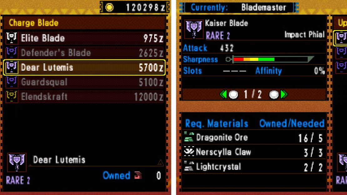 Left: weapons you can forge. Right: a Charge Blade with three potential upgrade paths.