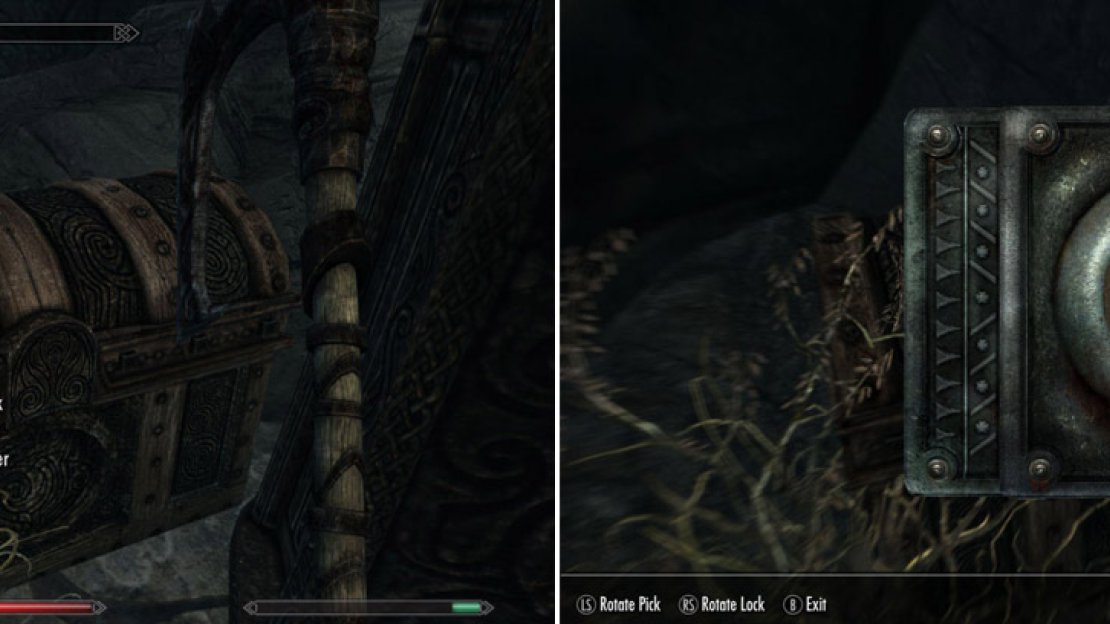 Locks are an unfortunate reality of life in Skyrim, and come in a variety of difficulties (left). Rotate your lockpick in the lock until you find the sweet spot to open locked containers.
