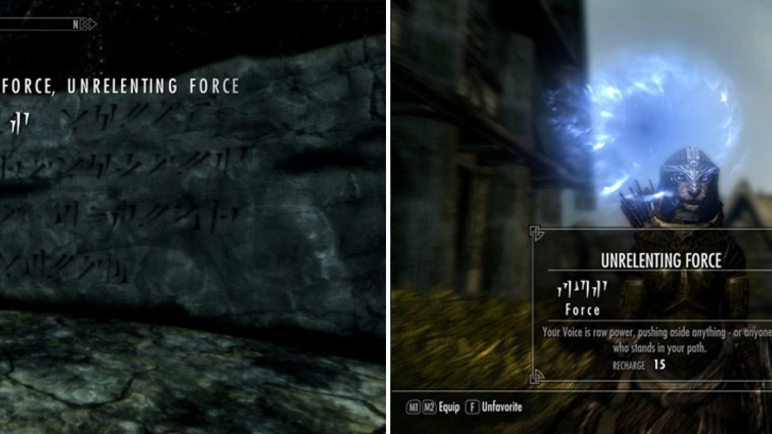 As you explore Skyrim you’ll find “Word Walls” which contain fragments of Thu’um. Simply put, approach these relics to learn new shouts (left). Shouts can be equipped like any spell, and have a cooldown period between uses (right).