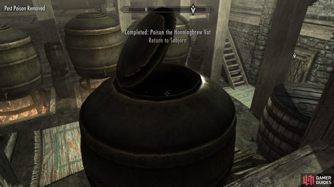Loot his body afterwards. Go to the room where Hamelyn was (if you&rsquo;re not there already) and check the SKILLBOOK on the chest called &ldquo;Three Thieves&rdquo; to increase your Sneak skill level by 1. Nice. Now apply the poison to the hay that&rsquo;s next to the chest to complete the objective. Now, follow the path on the east side of the room until you reach Boilery (watch out for more bear traps). In here, grab the key next to the door, loot the place and plant the poison where the marker is.