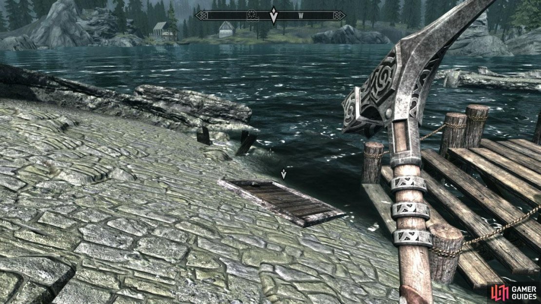 Head outside of the inn and check out the world map. Sure enough, our objective is to travel to Ilinalta’s Deep, the last known hang-out spot of the infamous Malyn. Head on over there (it’s located by “The Lady” standing stone, north of Falkreath) and find the entrance on top of a castle tower (which has all but sunk into the lake). Enter through the trap door.