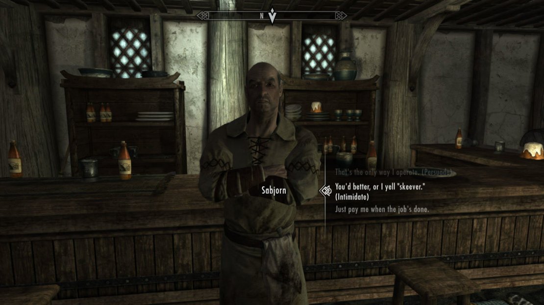 Now leave Whiterun and head over to Honningbrew Meadery, which is to the southeast of Whiterun. Inside, speak to Sabjorn. Tell him you&rsquo;re here to clear out his skeever problem and he&rsquo;ll hire you. Now you can use either PERSUADE or INTIMIDATE to get HALF of your pay (500 Gold) up front. Trust me, you want to get some upfront!