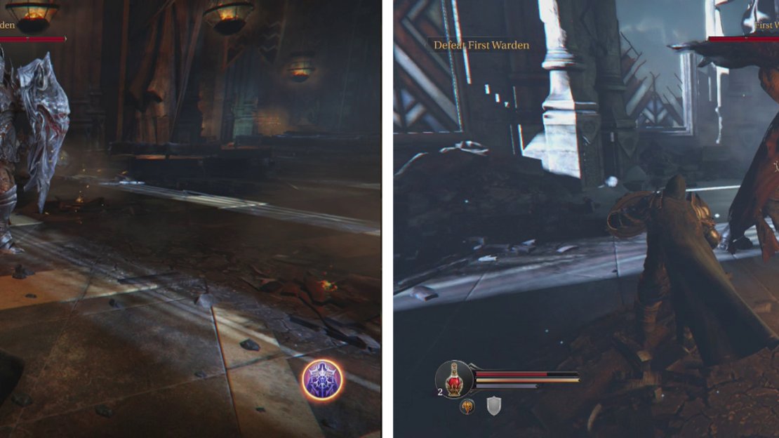 The boss starts out with armour and a shield (left) but will shed them as the fight goes on. The biggest opening for an attack is right after his overhead smash (right).