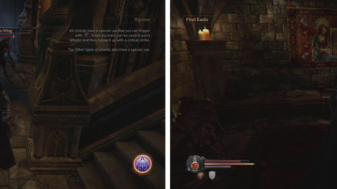 Enter the stairwell and practice your backstab (left). Enter the doors halfway down the stairs to find a pair of Infected and an Audio Note (right).