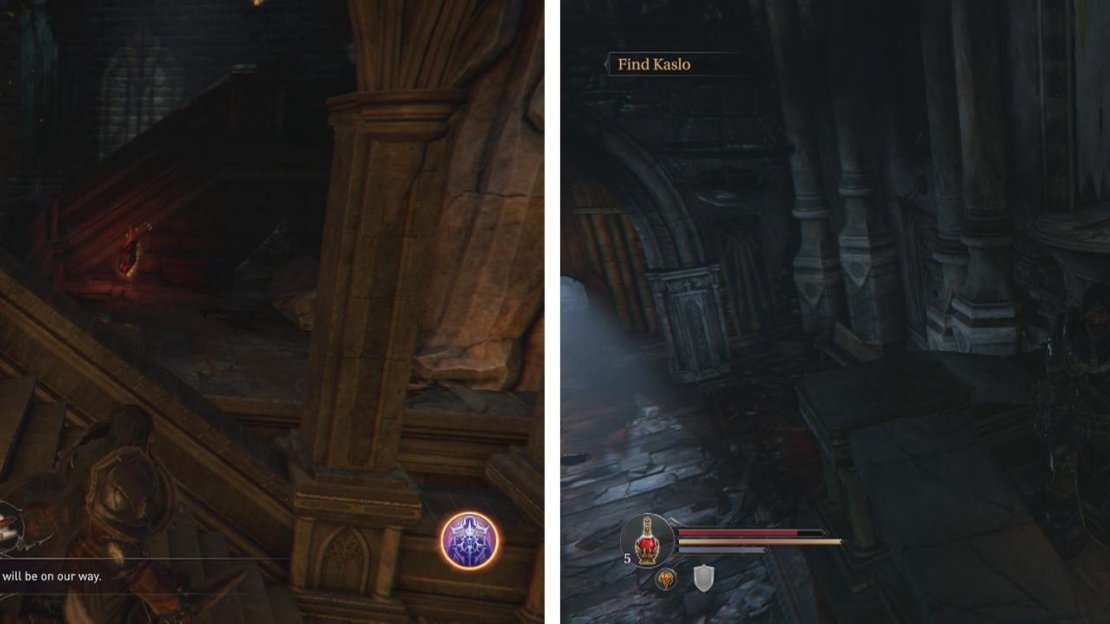 Hop the barrier to reach the Northern Monastery Wing Door Key (left). Backtrack to the first room in the game and jump from the top of the stairs to the platform on the right (right).