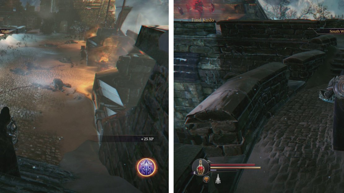 After grabbing the Gauntlet (left), keep moving along the wall, dodging crossbow fire until you reach the next Checkpoint Crystal (right).