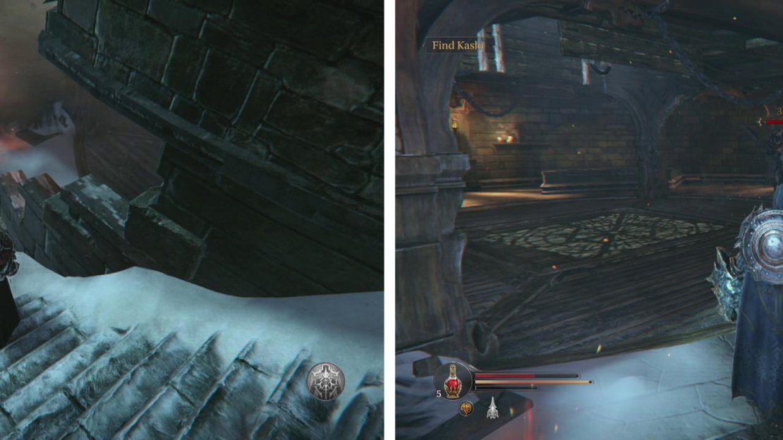 Descend the stairs into the tower to find an Audion Note (left). Defeat the Marauder hanging out inside (right).