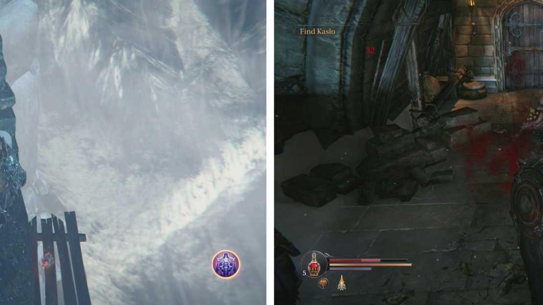From the room with the Maruader drop down to the ledge with the Tower Key (left). Continue along the outer pathway here, kill the Crossbowman and Infected and use the key to open the door (right).