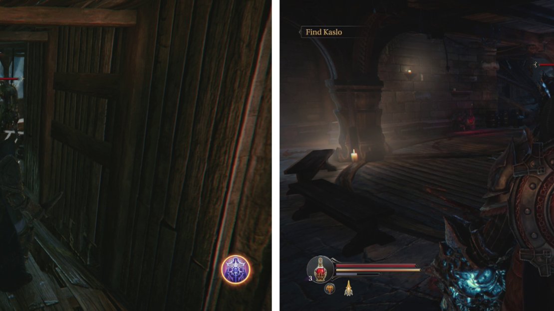 At the end of the wooden walkway loot the chest (left) before entering the North Watchtower and climbing to the top to find Yetka’s Dagger guarded by a Maruader (right).