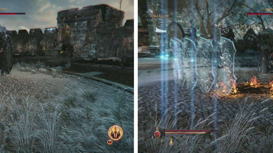 Due to his shield, the Commander cannot be tackled head on (left). The boss’s projectile attack leaves him open for attack (right).