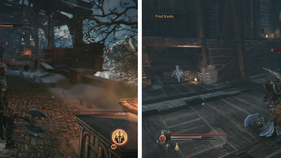 Left of the Checkpoint Crystal is a path with high level enemies (left). You can loot the chest for a weapon and an Empty Bottle (right).
