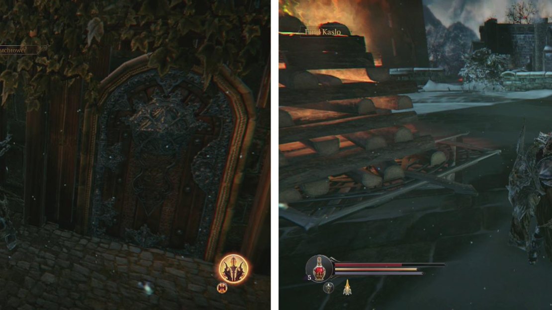 Look for the hard to spot staircase next to the door (left). On the roof, use the Bloody Flint on the pile of wood for some XP (right).