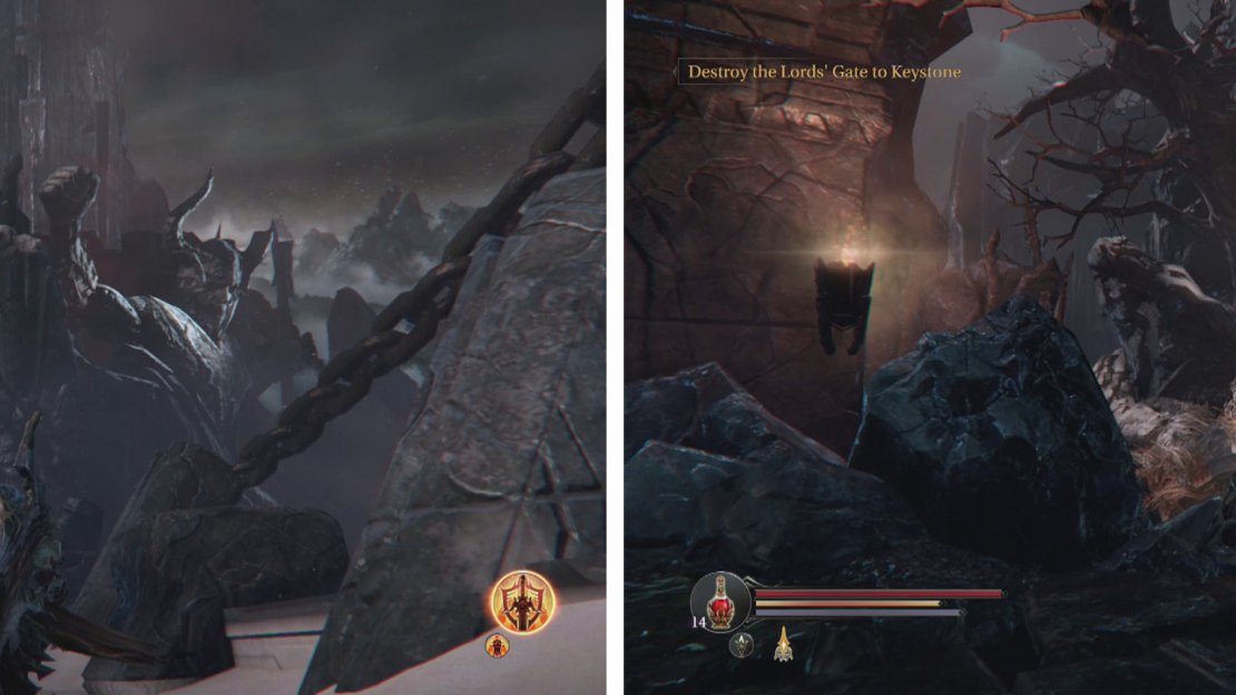 Cross the bridge (left) and move up to talk with the Crafter (right).