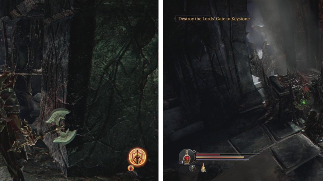 Clear out the Forger (left) and Rogues at ground level. Climb the stairs opposite the entrance for a chest and Audio note (right).