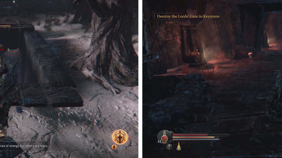 Climb down the stairs behind the Dimensional Beast area (left) and clear out the hallway for some shortcuts and an Ancient Tablet (right).
