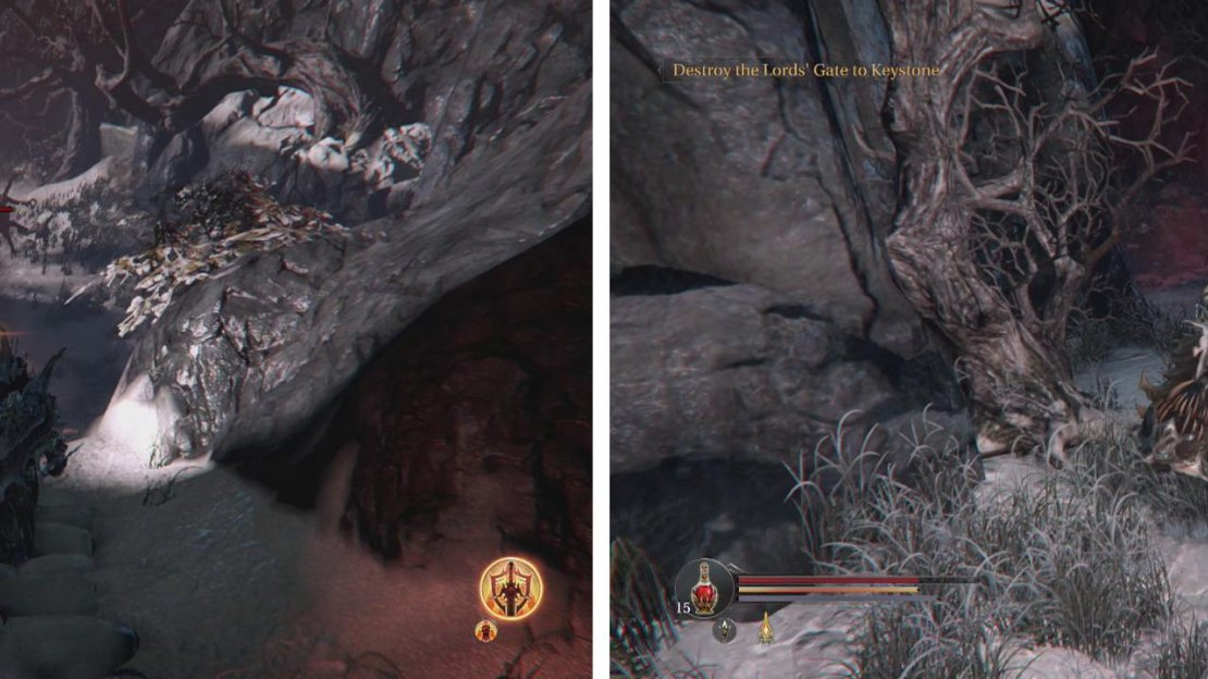 Head down the snowy path and kill the Dimensional Beast at the bottom (left). Look under the stairs for a Checkpoint Crystal (right).