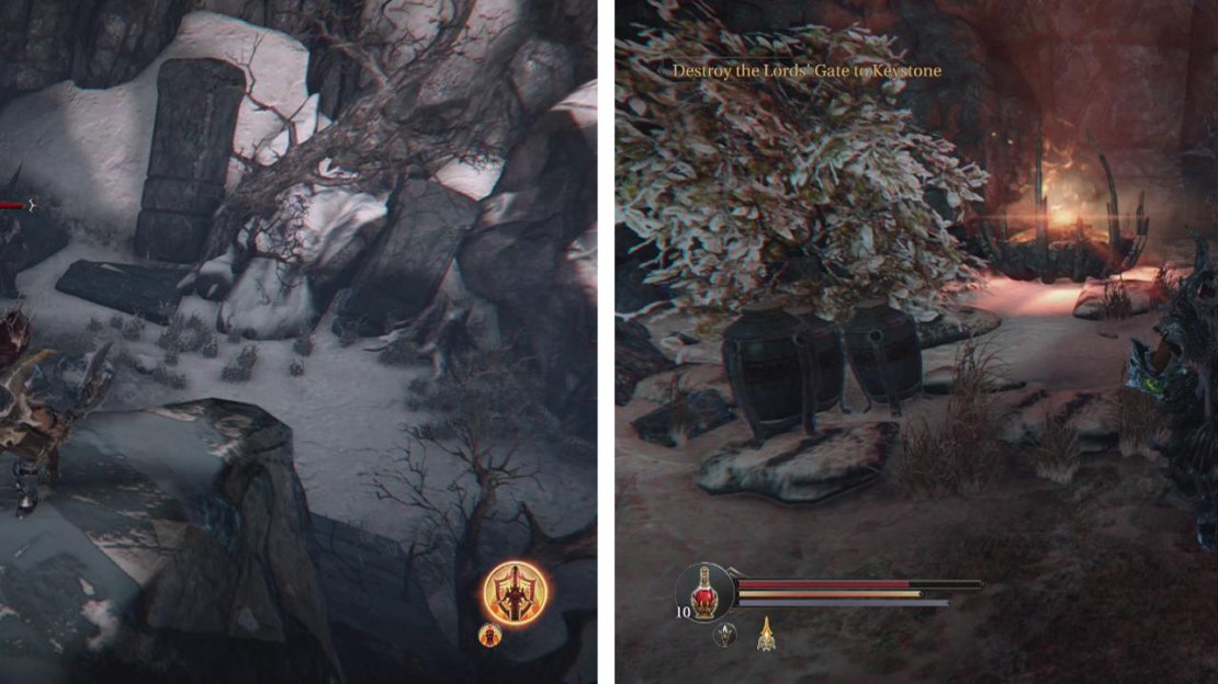 Use the pressure plate (left) to open the gate by the entrance. Climb down the stairs and head past the Tyrant to grab the heart (right) from near the back of the room.
