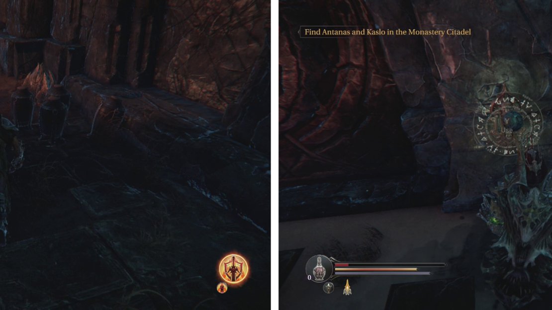 The Tyrant Heart is up the stairs hidden amongst other pots and a Crossbowman (left). Once the Tryant is dead, pull the lever (right) to exit to the Panorama.