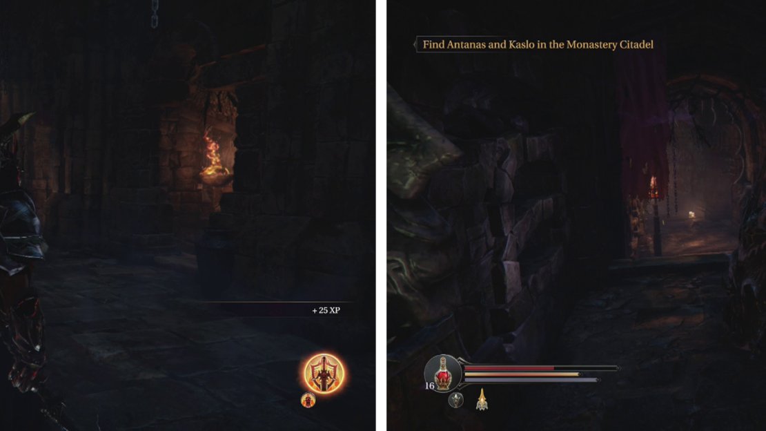 Take the tunnel in front of the Checkpoint Crystal (left) and enter the rune door to the right for a chest (right).