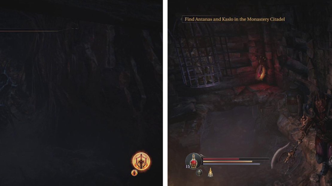 Behind the breakable barricade you’ll find a tunnel (left) with a pressure plate, secret room and two Human hearts (right).