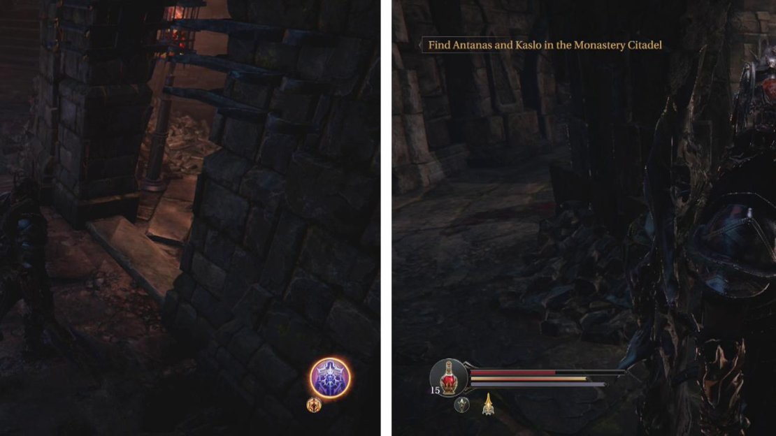 Jump across the gap bridged by the wooden plank (left) and then fight the Knight in the cirular room (right).