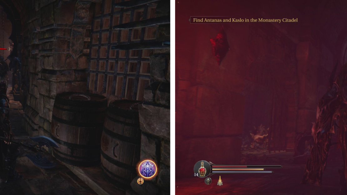 Fight the Knight was you go along the hallway to the Cell circle (right). When you reach the Checkpoint Crystal, climb the stairs (right) for a chest.