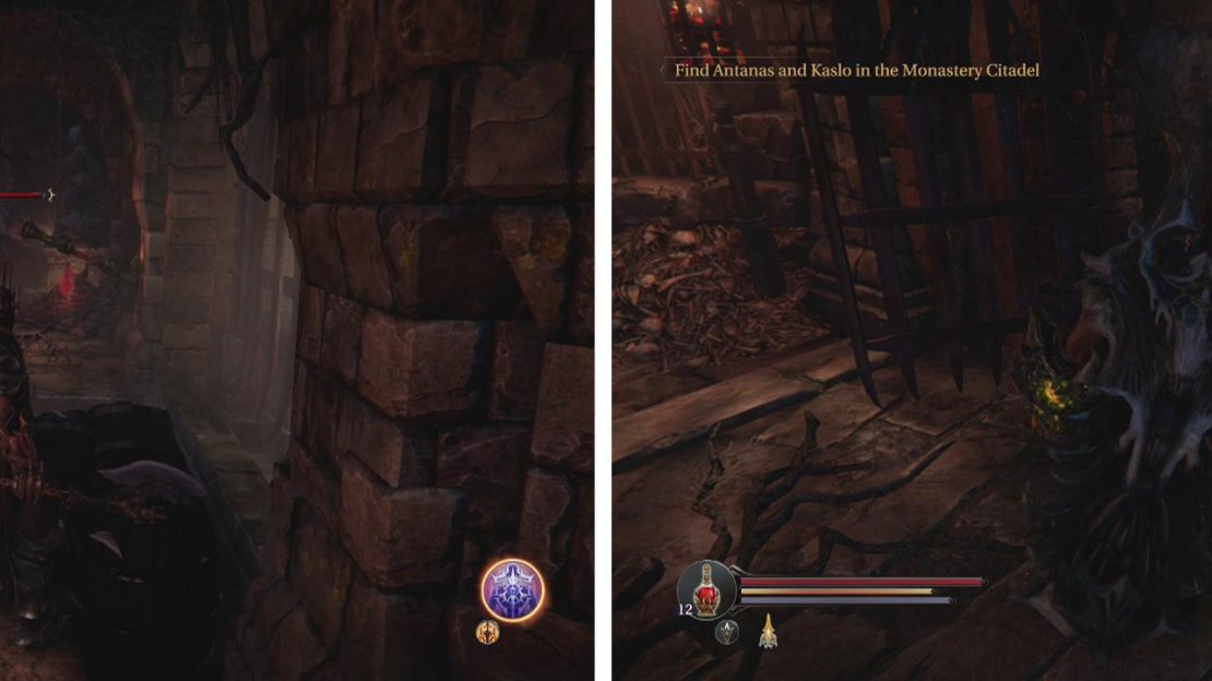 Enter the wooden door near the lever (left) for a Lever Handle item. Use this to open the Infected Monk’s cell and kill him (right) to complete the side-quest.