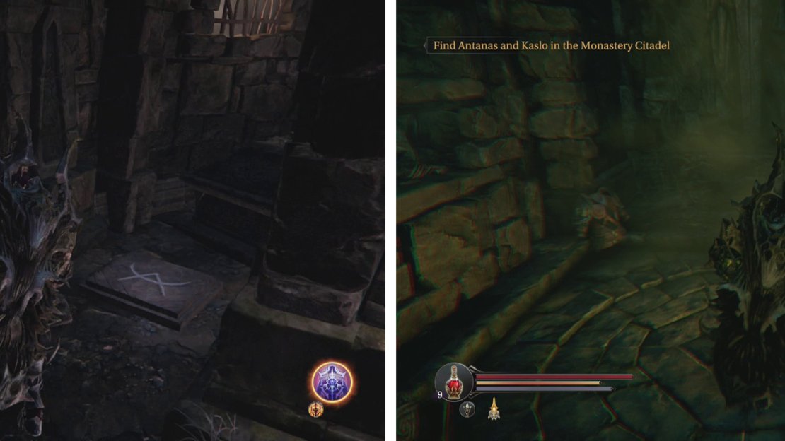 In The Pit, look behind the pillars for a pressure plate (left). Interact with the statue (right) in the room it opens for a new weapon.