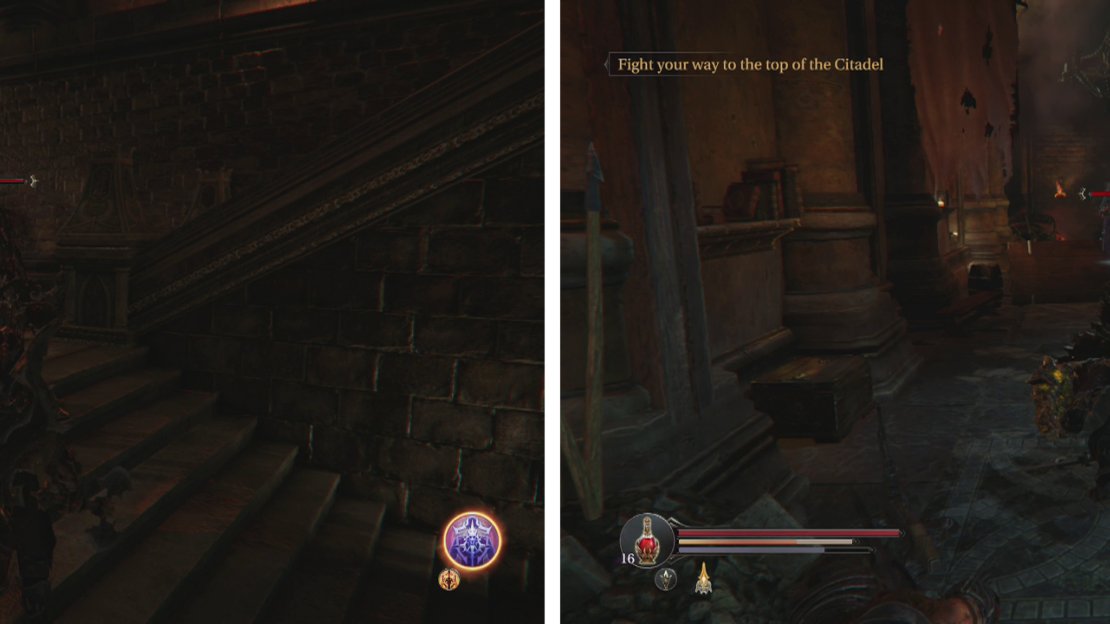 Climb up from the Flooded Hallway to reach the Citadel (left). Fight your way up the stairs and kill the Spellcaster at the end of the hallway (right).