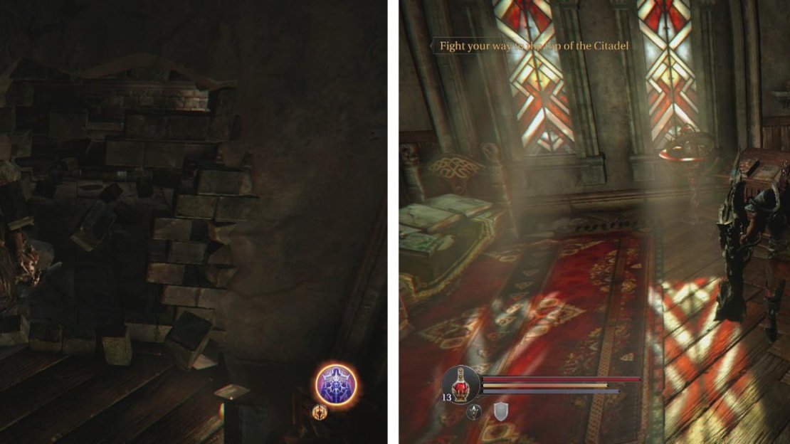 Look in the right hand room for a breakable wall containing a chest (left) and in the left you’ll find an Audio Note (right).