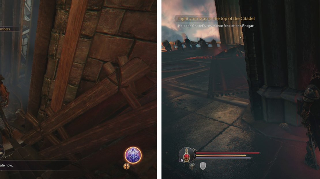 Use the lift at the top of the stairs (left). Head in the opposite direction from the crowd to find an Audio Note (right).