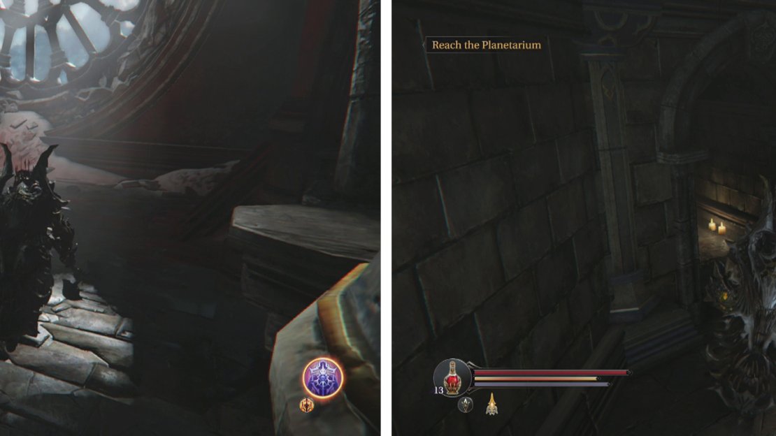 Clear out the Planetarium (left) and the side-rooms before hitting the pressure plate (right) and quickly entering the door it opens for a chest.