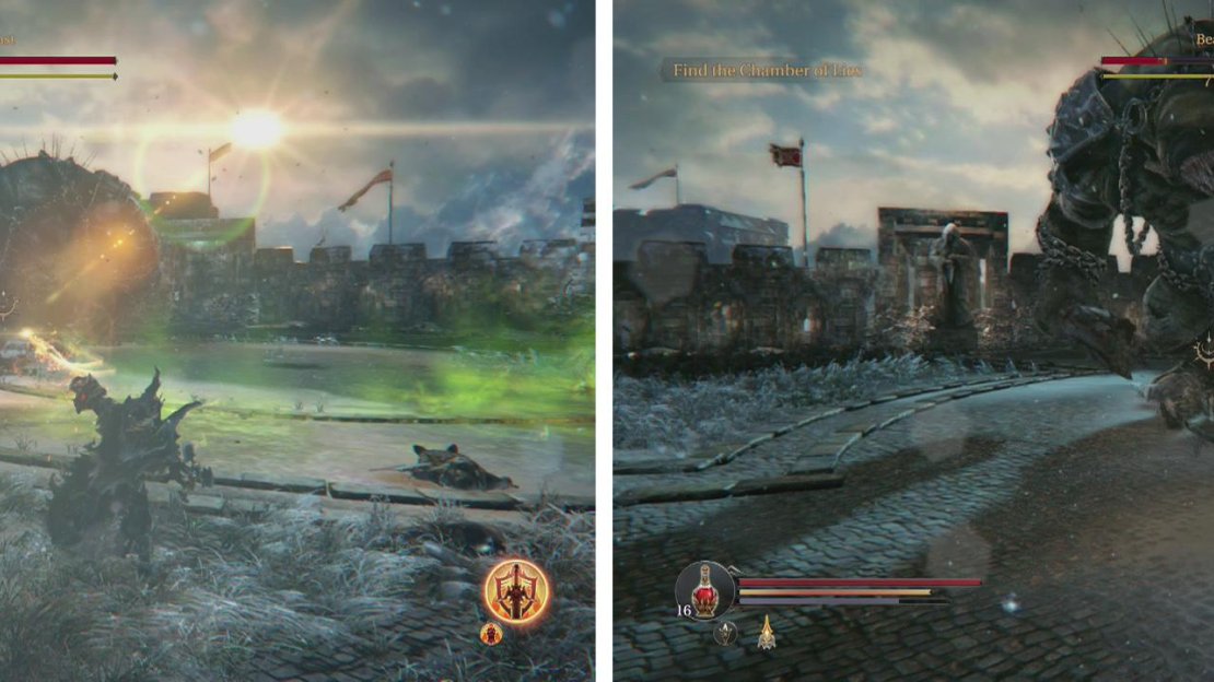 Avoid the poison puddles (left) and kite the Beast in a large circle whilst using your Gauntlet to make things easy (right).