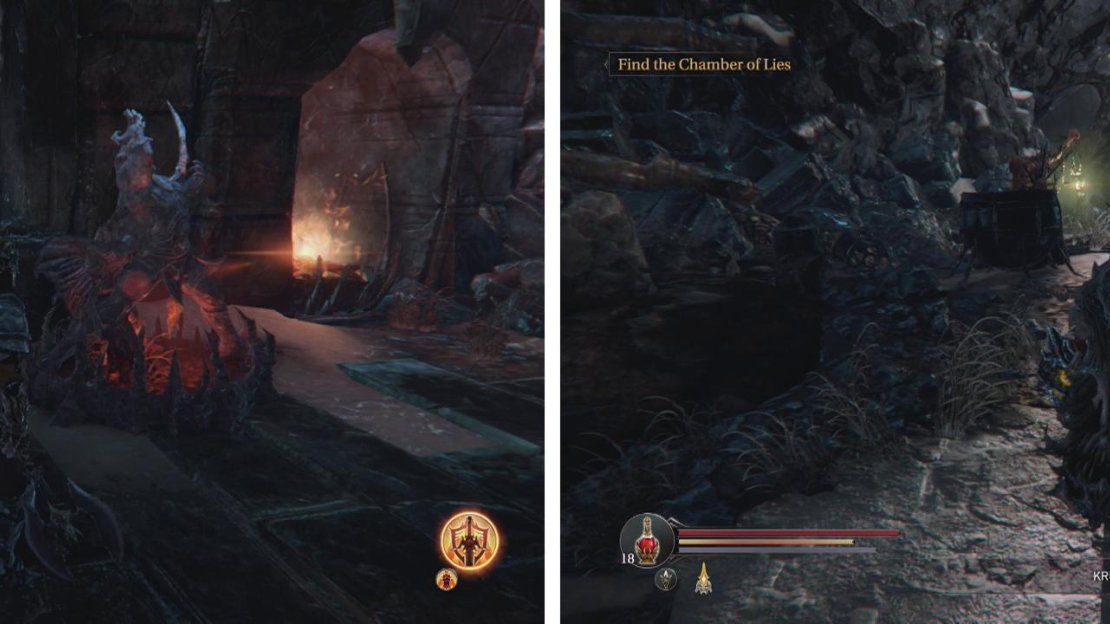 Continue down the snowy path to the Abandoned Range (left). You’ll find the Crippled Rhogar by the entrance to the temple (right).