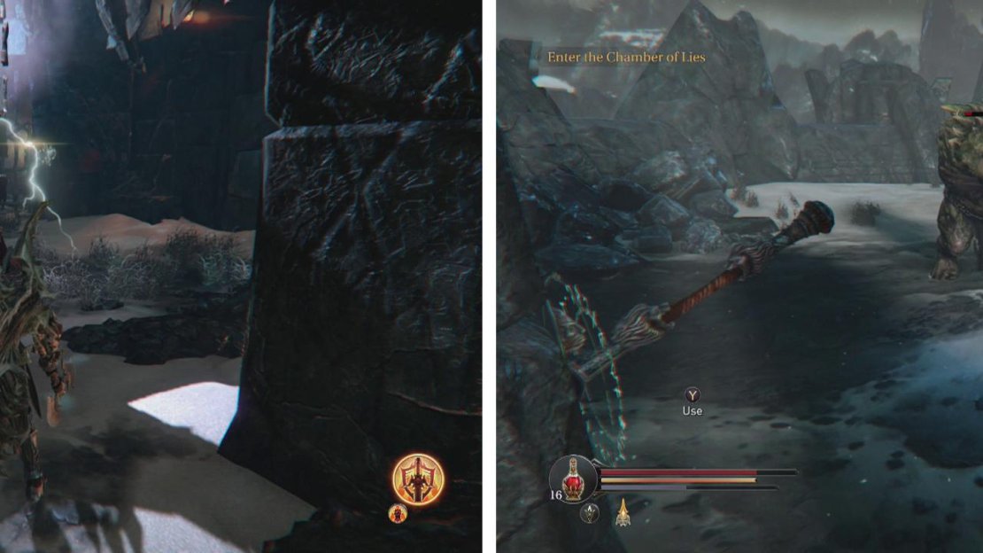 Enter the room with floating tablets for a scene (left). Climb to the roof to fight the Poison Beast and pull the lever (right).