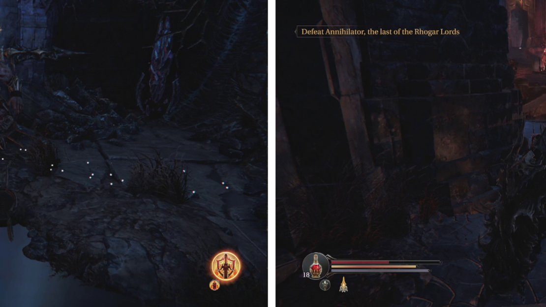 Kill the Tyrant (left) and then look for the broken ledge nearby we can use to access a chest guarded by a Fire Golem (right).