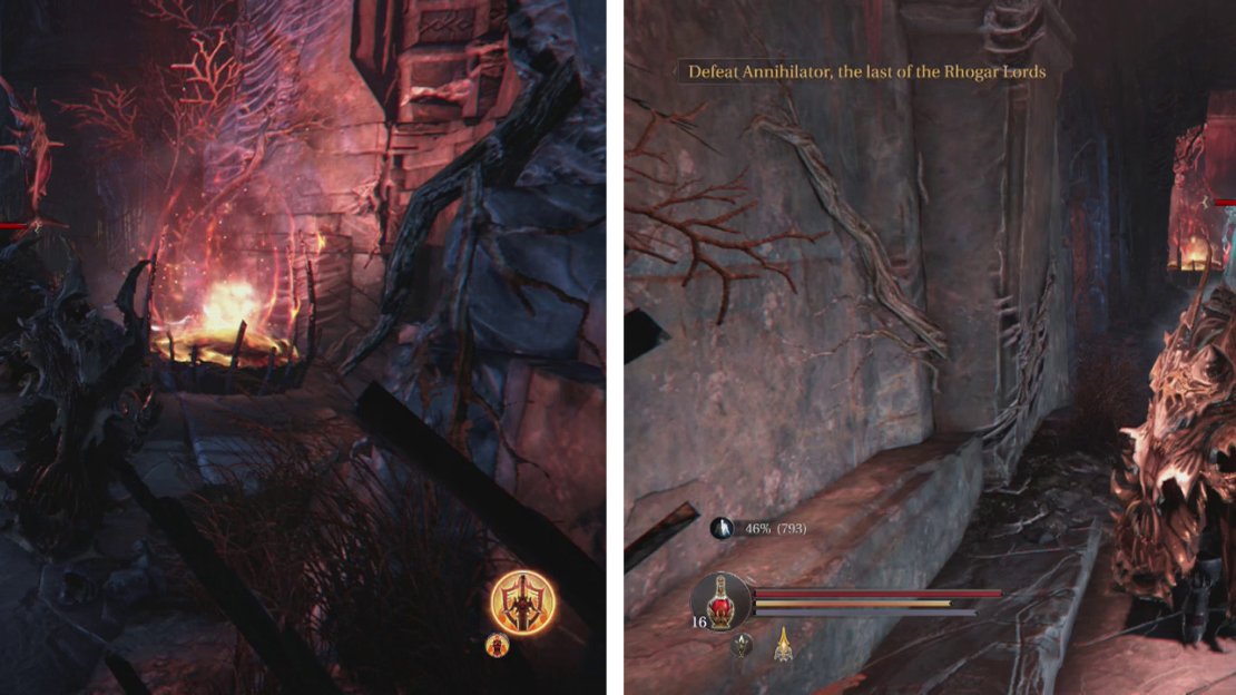Clear out the Dimensional Beast above the Checkpoint Crystal (left). Go through the glyph-locked door to fight a Spirit (right).