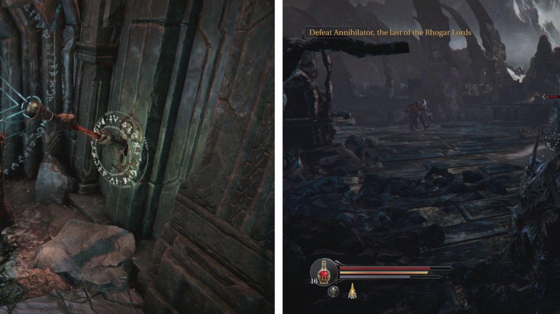Pull the lever to extend the bridge (left). Continue through the Infiltrator’s room until you exit to the Panorama (right).