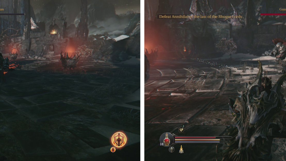 Dodge the boss’s charge (left) and then hit him once his combo finishes (right).