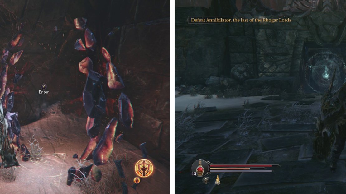 After the fight, enter Loot Crystal #7 (left). When you are good to continue remove the glyph from the back of the Eternal Flame arena (right).