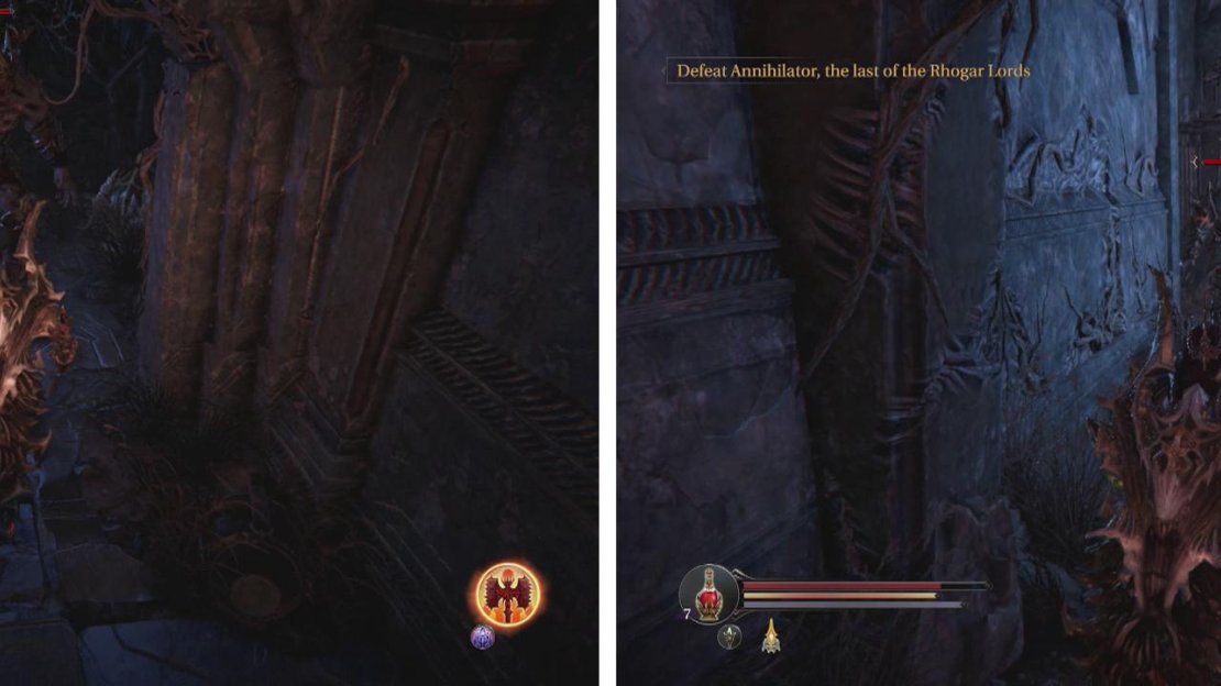 Watch out for the Tyrant just inside the door on the left hand balcony with the Forger (left). Once he is dead, proceed down the hallway behind and kill the Knights (right).