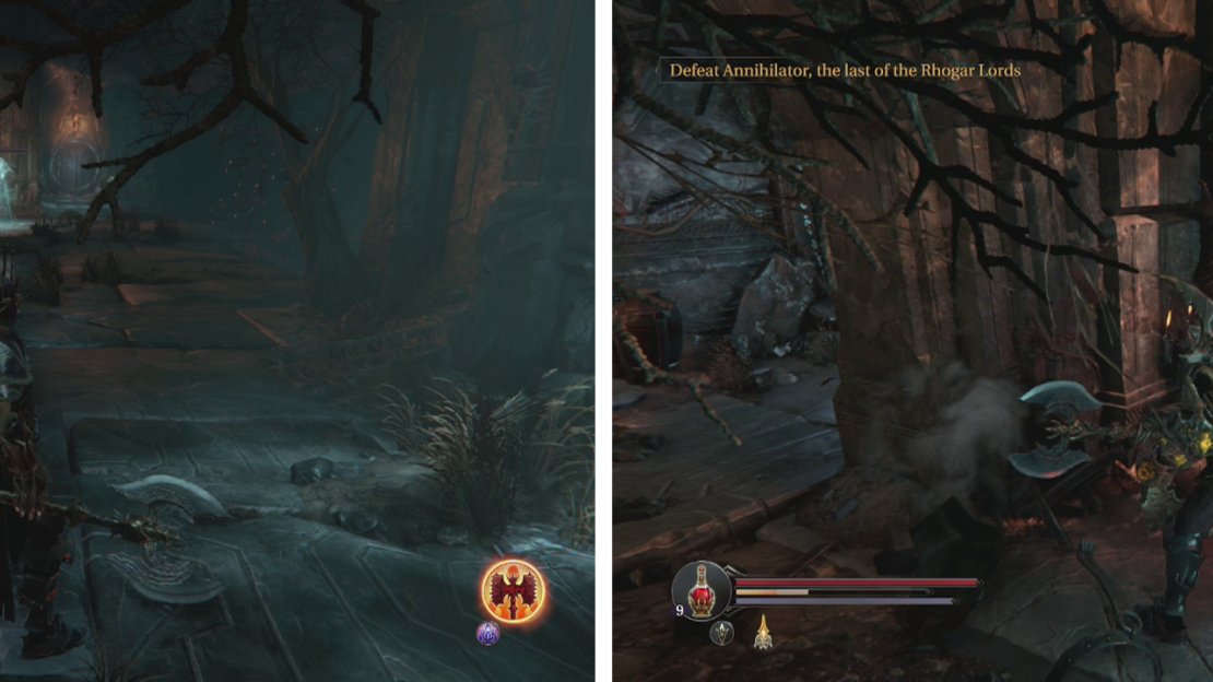 Wait for the Tyrant to patrol off and kill the Spirit (left), then run up to where the Spirit was, grab the Tyrant Heart (right) and then kill the Tyrant.